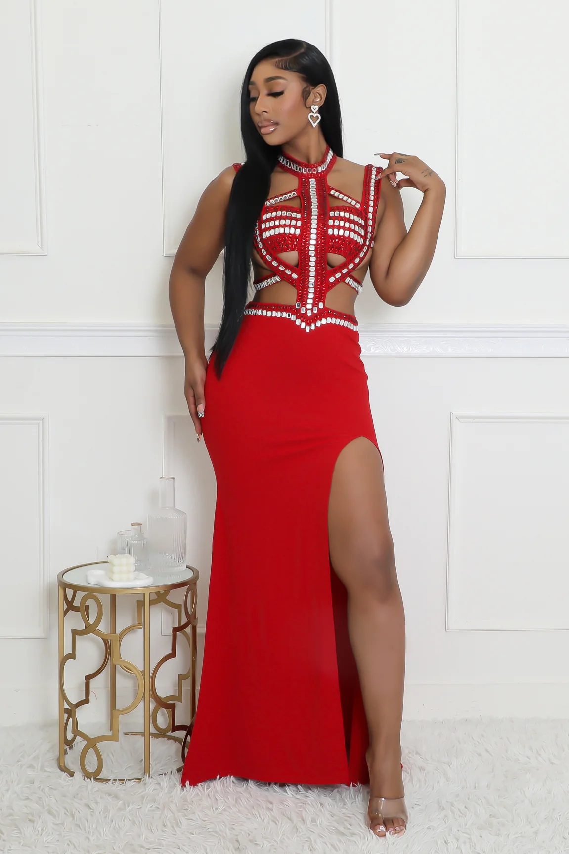 Red Rhinestones Allure Cutout Dress