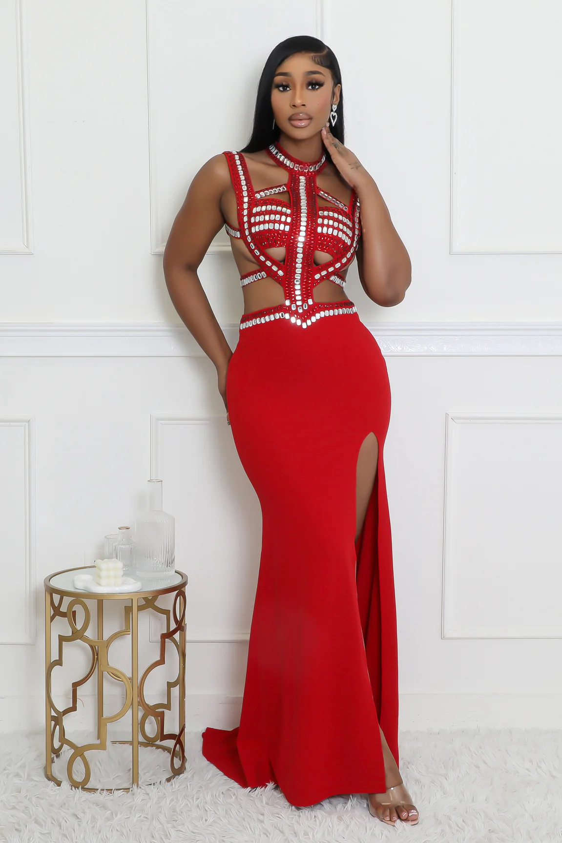 Red Rhinestones Allure Cutout Dress