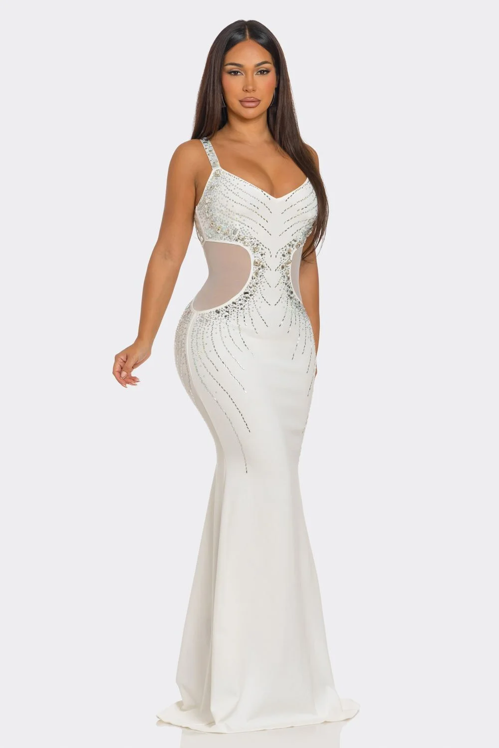 White Rhinestone Embellished Sleek Maxi Dress  Posh by Paris