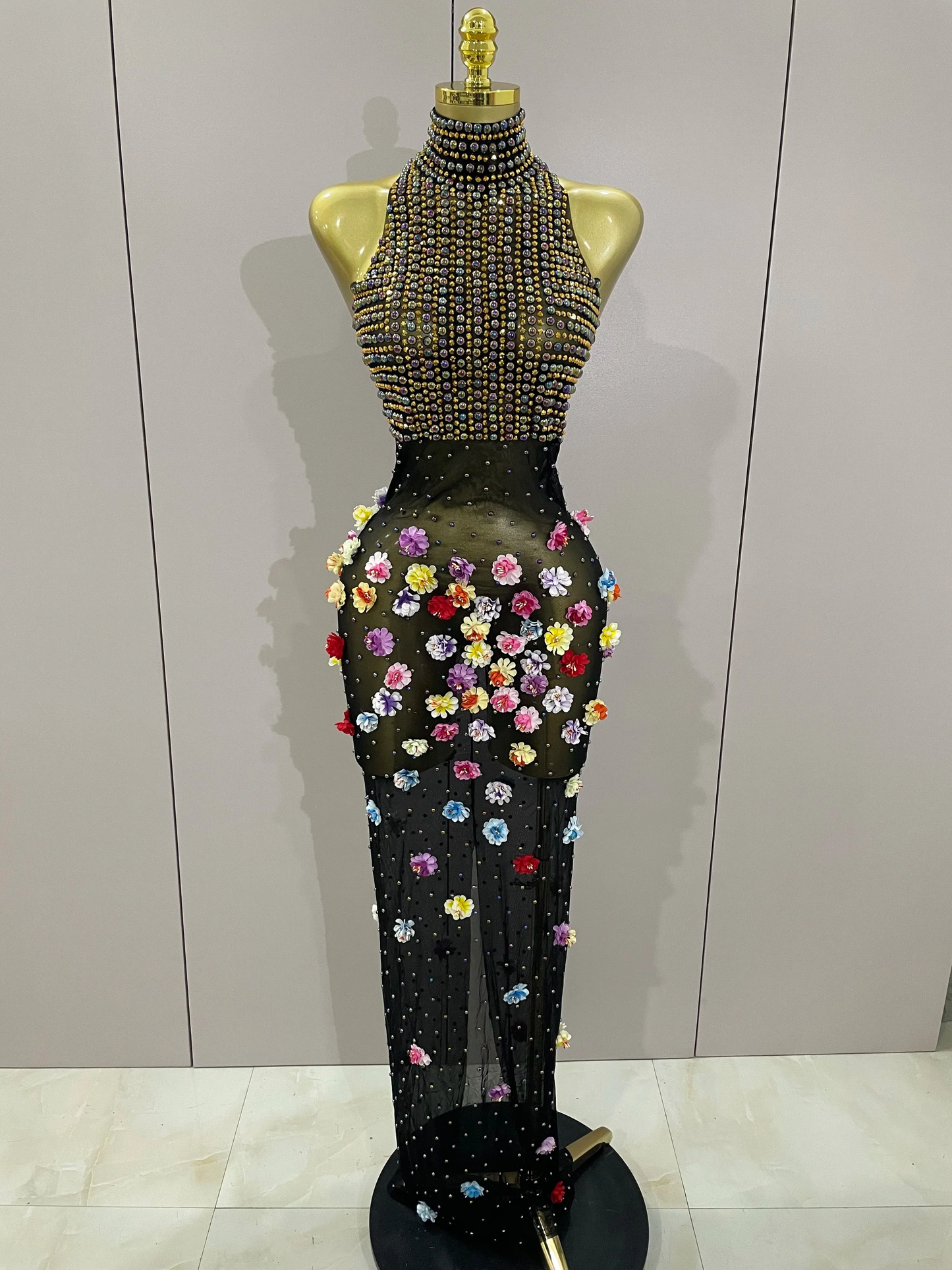 Rhinestones Flowers Sexy See Through Long Dress