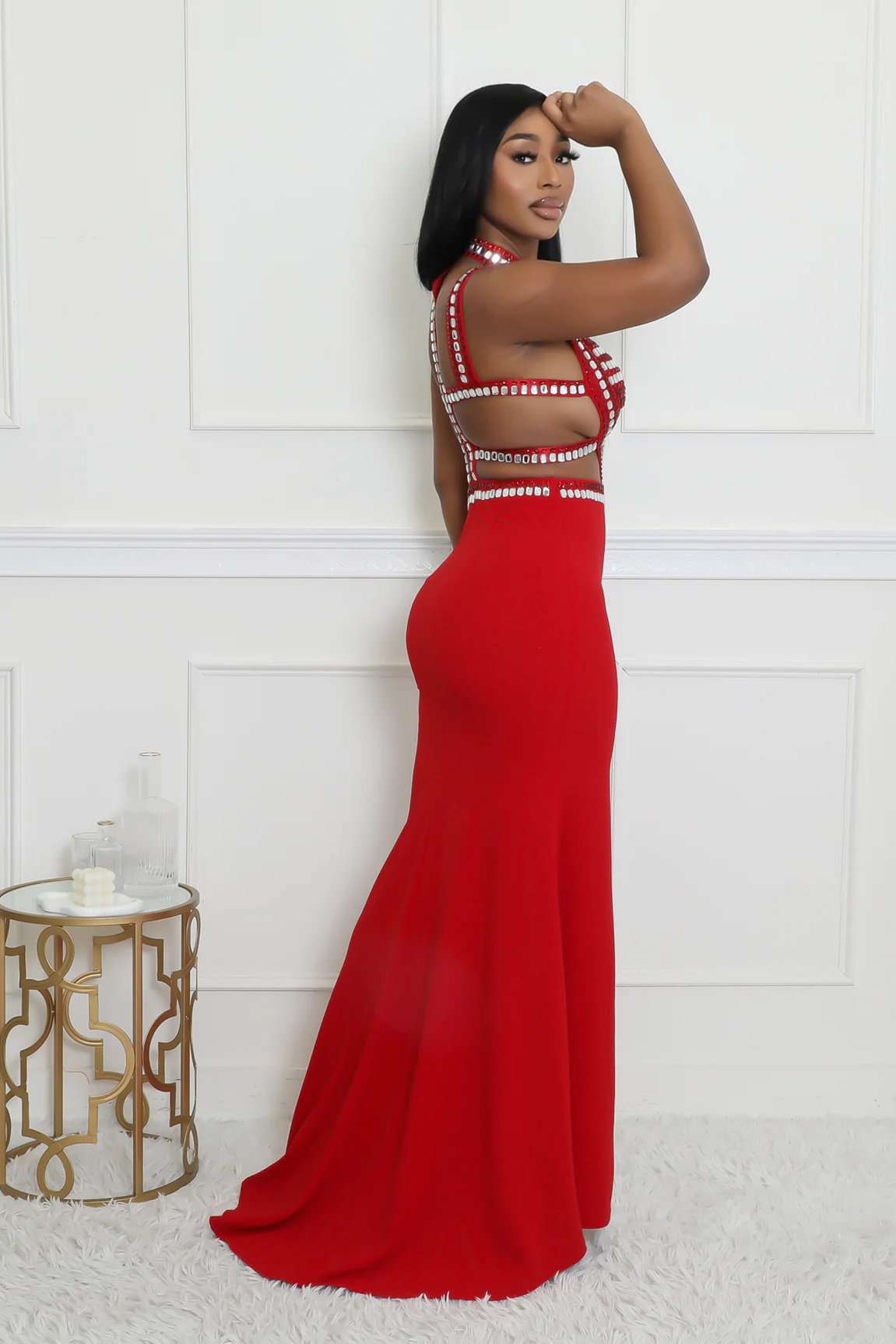 Red Rhinestones Allure Cutout Dress