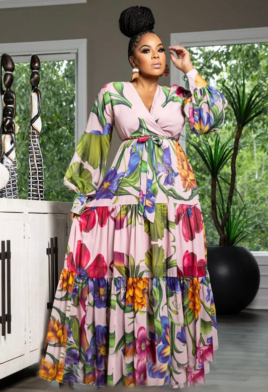 Multicolored flowers, Ruffle Sleeve Dress