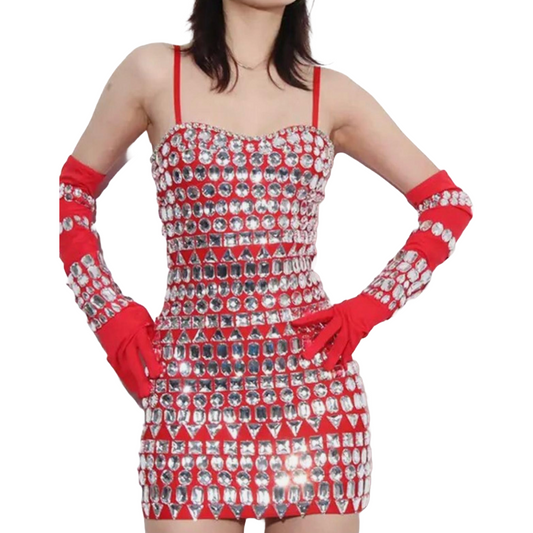 Crystal Embellished Bandage Dress With Gloves In Red