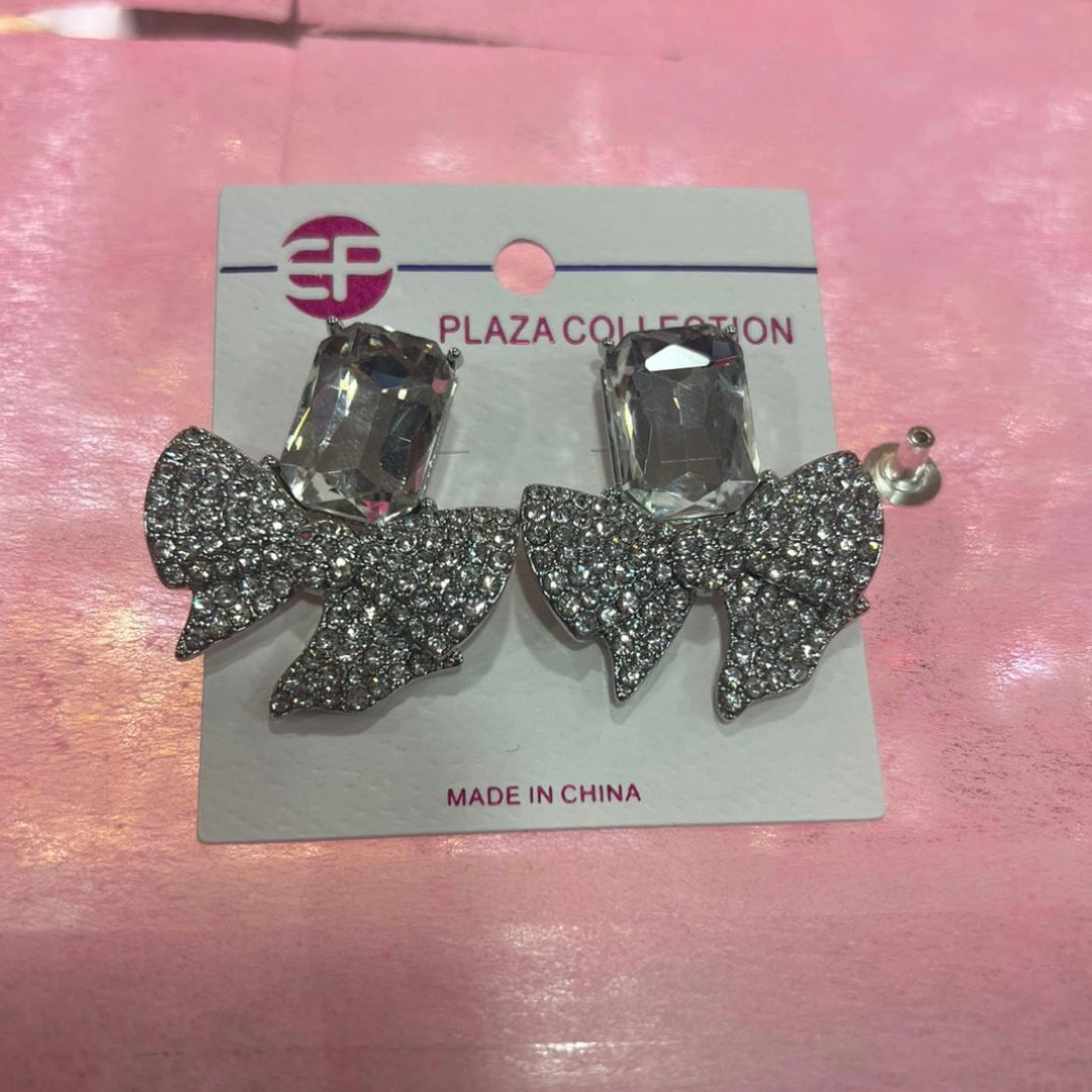 Silver Diamond Bow Tie Earrings