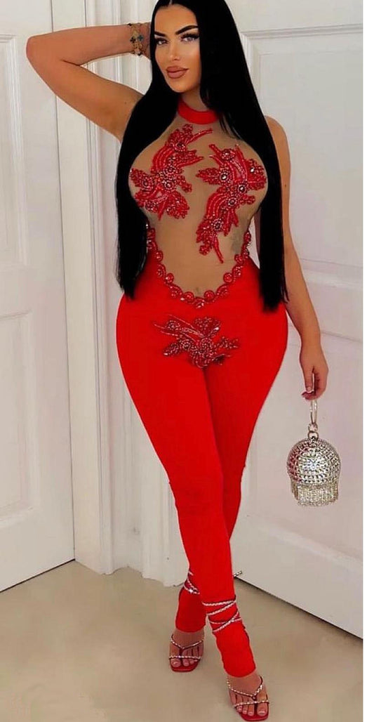 Red Stone Mesh Jumpsuits