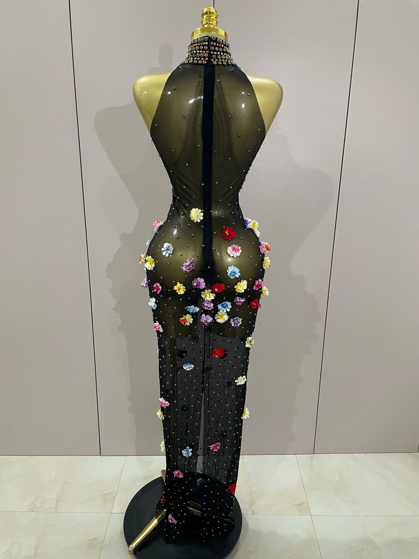 Rhinestones Flowers Sexy See Through Long Dress