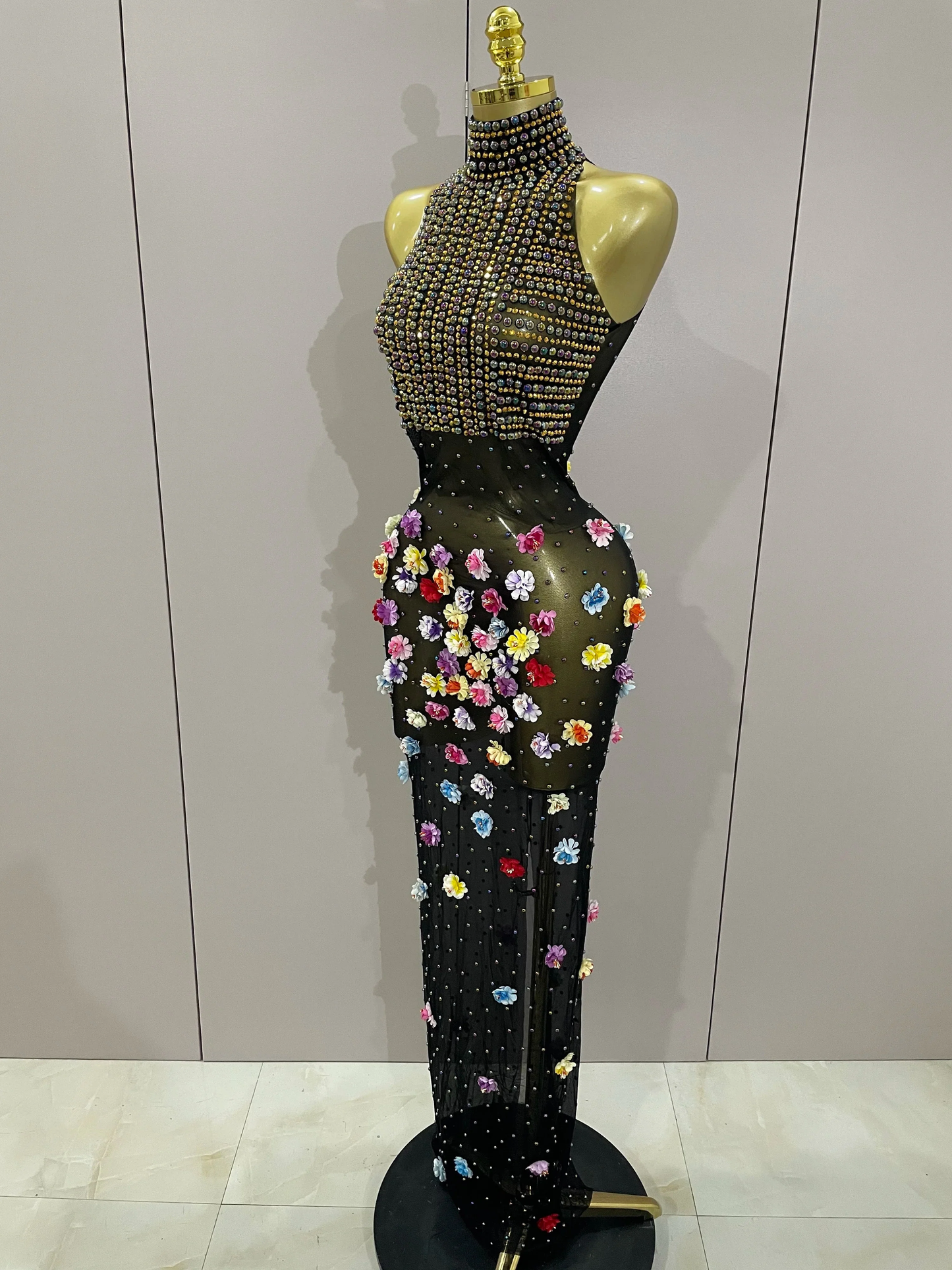 Rhinestones Flowers Sexy See Through Long Dress