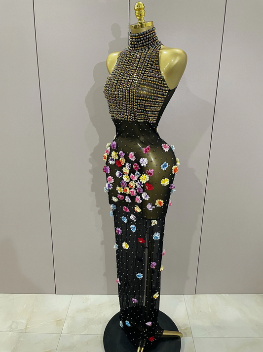 Rhinestones Flowers Sexy See Through Long Dress