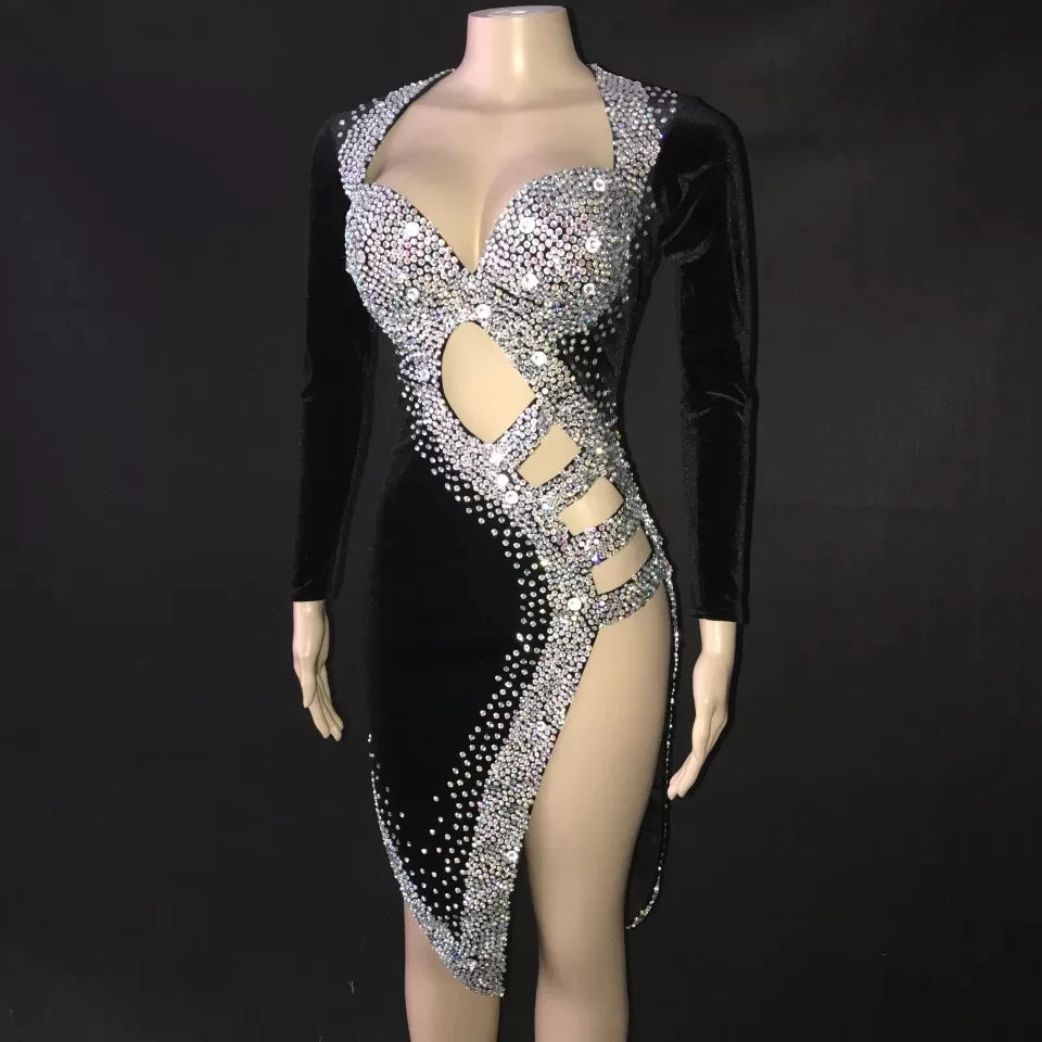 Sexy Silver Stones Black Dress